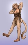 anthro belt big_ears blonde_hair breasts brown_eyes chest_belt clothed clothing eyebrows female fluffy fluffy_tail fur gradient_background grin hair nipples partially_clothed rope simple_background smile solo tail white_body white_skin thepimpartist addie haplorhine mammal monkey primate simian_(species) 2021 hi_res traditional_media_(artwork)