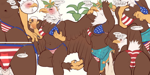 alcohol american_flag_bikini anthro beak bent_over beverage bikini blush breasts brown_body brown_feathers bubble butt camel_toe clothing dialogue drunk drunk_bubble eyes_closed feathered_wings feathers female flag_bikini flag_swimwear genitals glass holidays nipple_slip non-mammal_breasts panties presenting presenting_hindquarters scuted_arms scutes solo speech_bubble substance_intoxication swimwear text two-piece_swimsuit underwear vulva wet wet_clothing wet_panties wet_underwear wings quangdoann 4th_of_july accipitrid accipitriform avian bald_eagle bird eagle human mammal sea_eagle english_text hi_res