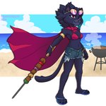 anthro black_body black_fur breasts cape claws clothing cloud day eyewear eyewear_on_head female food footwear fur grill melee_weapon navel sandals shoes simple_background smile solo sunglasses sunglasses_on_head sword toe_claws weapon theartofsilent rivals_of_aether clairen_(rivals_of_aether) felid mammal pantherine 2024 absurd_res hi_res signature