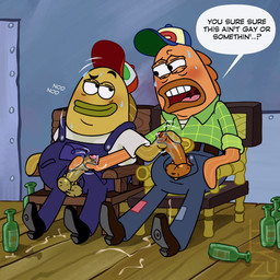 anthro balls blush bodily_fluids butt clothed clothing cum duo erection genital_fluids genitals handjob hat headgear headwear hillbilly humanoid_genitalia humanoid_penis male male/male mutual_masturbation no_homo overalls penile penis redneck sex smile text harzu nickelodeon spongebob_squarepants floyd_(spongebob) lloyd_(spongebob) aquatic fish 1:1 absurd_res digital_media_(artwork) english_text hi_res