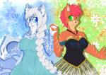 anthro blue_eyes breasts clothed clothing dress duo female green_eyes hair hand_holding jewelry necklace open_mouth red_hair smile lovelesskiax disney frozen_(disney) anna_(frozen) elsa_(frozen) felid mammal