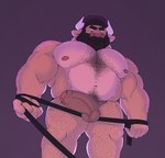 anthro balls beard biceps body_hair bovid bovine bu11 cattle chest_hair dominant dominant_male facial_hair first_person_view foreskin genitals hair hairy hi_res horn humanoid_genitalia humanoid_penis leash leashed_pov looking_at_viewer looking_down looking_down_at_viewer male mammal muscular muscular_male nipples pecs penis simple_background solo submissive submissive_pov