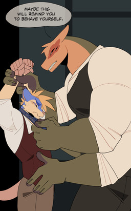 anthro blue_body blue_fur collar duo ears_back fur green_body hair hand_holding looking_down male male/male multi_arm multi_eye multi_limb multicolored_body muscular muscular_anthro muscular_male orange_body orange_hair pivoted_ears speech_bubble tail tan_body tan_fur teeth teeth_showing text two_tone_body 000atanerriaper000 gemini_the_sergal mori_ryker mammal murid murine rat rodent sergal absurd_res english_text hi_res latin_text