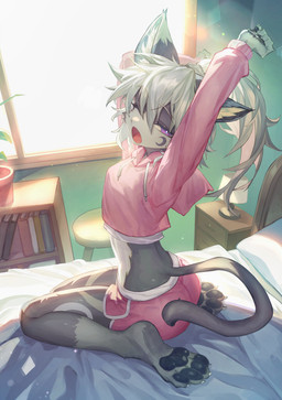4_toes anthro barefoot bed bedroom bottomwear butt claws clothed clothed_anthro clothed_male clothing crop_top cropped_hoodie crossdressing crossdressing_male dolphin_shorts feet femboy fur furniture grey_body grey_fur grey_hair hair hotpants kemono long_hair looking_at_viewer looking_back looking_back_at_viewer male male_anthro midriff on_bed one_eye_closed open_mouth pawpads paws plantigrade ponytail purple_eyes shirt shorts sitting soles solo stretching tail toe_claws toes topwear wariza white_body white_fur yawn gilmang crescen_(crescencat) domestic_cat felid feline felis mammal 2025 absurd_res digital_media_(artwork) hi_res