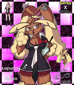 accessory anthro big_ears black_clothing black_shirt black_topwear bottomwear bow_ribbon breasts brown_body brown_fur cardigan chest_tuft cleavage clipboard clothed clothing ears_tied_back eyebrows eyewear female fur glasses hair_accessory holding_clipboard holding_object holding_pen looking_at_viewer miniskirt necktie pen pink_eyes secretary shirt skirt solo text thick_eyebrows topwear touching_face tuft wearing_glasses go-two danganronpa danganronpa:_trigger_happy_havoc nintendo pokemon spike_chunsoft junko_enoshima generation_4_pokemon lagomorph leporid lopunny mammal pokemon_(species) rabbit absurd_res english_text hi_res reference_image