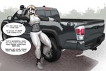 5_fingers abs anthro biceps black_nose blonde_hair breasts clothed clothing eyebrows eyelashes female fingers footwear hair light_truck midriff muscular muscular_anthro muscular_female muscular_thighs navel outside pickup_truck purple_eyes shoes sneakers solo speech_bubble text truck vehicle workout_clothing mykegreywolf toyota toyota_hilux liz_(mykegreywolf) badger mammal mustelid musteline 2025 absurd_res digital_media_(artwork) english_text hi_res