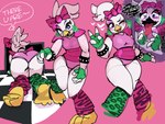 accessory all_fours anthro bow_ribbon butt clothing dialogue female fingerless_gloves fingers gesture gloves green_clothing green_ear_ring green_gloves green_handwear hair_accessory hair_bow hair_ribbon hand_gesture handwear knee_highs legwear machine multicolored_body pink_body purple_eyes ribbons solo text thigh_gap tongue two_tone_body v_sign white_body netchy_boo five_nights_at_freddy's five_nights_at_freddy's:_security_breach scottgames steel_wool_studios glamrock_chica shattered_glamrock_chica animatronic avian bird chicken galliform gallus_(genus) phasianid robot robot_anthro 2023 4:3 digital_media_(artwork) english_text hi_res