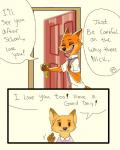 2017 4:5 a-wh-b adolescent anthro canid canine clothing comic disney door english_text eyes_closed female fox fur gesture male mammal mother_(lore) mrs._wilde nick_wilde open_mouth parent_(lore) red_fox school_uniform simple_background smile son_(lore) text true_fox uniform waving young zootopia