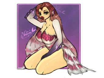anthro bent_legs big_breasts breasts clothing dress fashion female fish_tail glistening glistening_body glitter green_eyes hair lips lipstick long_hair makeup purple_hair red_hair red_lipstick simple_background sitting solo sparkles thick_lips yellow_body valmore shark_tale lola_(shark_tale) aquatic fish shark 4:3 hi_res