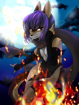 anthro breasts clothed clothing female fire hair kemono legwear ninja power purple_hair red_eyes short_hair skimpy solo stockings warrior ehime_mikan canid canine fox mammal 3:4 hi_res