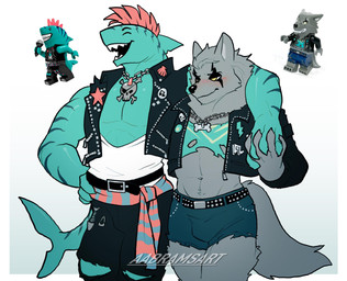 abstract_background alternative_fashion anthro belt blue_body blue_scales blush blush_lines bottomwear bulge chain_necklace claws clothing denim denim_bottomwear denim_clothing denim_shorts duo eyes_closed fin finger_claws fluffy fluffy_tail fur glistening glistening_body glistening_scales grey_body grey_fur hair hand_holding hand_on_hip hand_on_own_hip head_fin jacket jewelry leather leather_clothing leather_jacket leather_topwear long_tail male male/male mohawk muscular muscular_anthro muscular_male navel necklace open_mouth open_smile pants pecs pink_hair punk scales sharp_teeth shorts smile tail tail_fin teeth text topwear torn_bottomwear torn_clothing torn_pants v-cut yellow_eyes aabramsart lego lego_vidiyo mythology shark_singer werewolf_drummer aquatic canid canine canis fish mammal mythological_canine mythological_creature shark werecanid werecanine werecreature werewolf wolf 2025 artist_name digital_drawing_(artwork) digital_media_(artwork) hi_res reference_image watermark