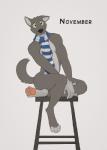 anthro biped black_nose bottomless clothed clothing fur grey_body grey_fur male scarf sitting smile solo yellow_eyes katarhein november canid canine canis mammal wolf