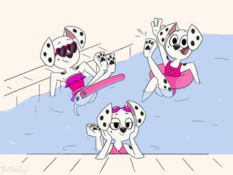 4_fingers :3 anthro bedroom_eyes black_nose clothing crossed_legs eyebrows eyelashes eyewear eyewear_on_head female fingers fur gesture goggles goggles_on_head group hand_on_face highlights_(coloring) leaning leaning_backward light looking_at_viewer markings mole_(marking) narrowed_eyes one-piece_swimsuit partially_submerged pawpads paws pink_clothing pink_swimwear pool_float pool_noodle pool_ring pool_toy poolside resting seductive simple_background smile smiling_at_viewer splash splashing_water spots spotted_body spotted_fur spotted_markings sunglasses swimming_pool swimwear trio water waving waving_at_viewer white_body white_fur young slightlyarousedguy 101_dalmatian_street 101_dalmatians disney dallas_(101_dalmatians) deja_vu_(101_dalmatians) destiny_(101_dalmatians) triple_d_(101_dalmatians) canid canine canis dalmatian domestic_dog mammal 4:3 hi_res lighting signature watermark
