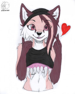 anthro black_nose brown_body brown_eyes brown_fur brown_hair clothing female fur hair happy open_mouth solo white_body white_fur allartskye canid canine fox mammal hi_res traditional_media_(artwork)