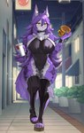 anthro beverage big_breasts boots breasts burger chest_tuft clothing collar container countershade_torso countershading cup curvy_figure female fishnet_clothing food footwear fur hair holding_container holding_cup holding_food holding_object hourglass_figure japan kemono legwear licking licking_lips navel_outline night orange_eyes platform_footwear purple_body purple_fur purple_hair shoes small_waist solo thigh_highs toeless_footwear tongue tongue_out tuft urban walking_towards_viewer white_body white_fur wide_hips etivka rae_(girlsay) canid canine canis mammal wolf digital_media_(artwork) hi_res