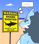 anthro blue_body blue_hair breasts female fin hair head_fin non-mammal_breasts sign solo text white_body tianiseul fish marine shark english_text hi_res