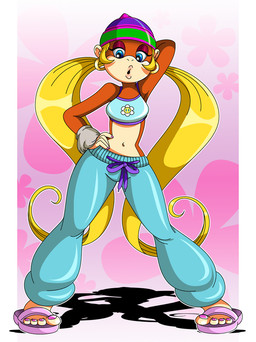 4_toes alternative_fashion amekaji anthro bare_shoulders biped blonde_hair blue_eyes brown_body brown_fur clothed clothing ear_piercing ear_ring eyeshadow feet female flower footwear fur ganguro_(fashion) gyaru hair half-closed_eyes hat headgear headwear hoop_ear_ring j-fashion jewelry long_hair makeup midriff narrowed_eyes navel open_mouth piercing pigtails plant ring_piercing sandals shoes solo standing toes y2k_(fashion) thweatted donkey_kong_(series) nintendo tiny_kong haplorhine kong mammal monkey primate