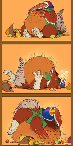 3_toes 4_fingers anthro apple apple_core beak belly big_belly blush blush_lines border brown_border clothed clothing cornucopia eating feathers featureless_crotch feet fingers food fruit grape grey_talons huge_belly immobile male morbidly_obese morbidly_obese_anthro morbidly_obese_male multicolored_body obese obese_anthro obese_male orange_background overweight overweight_anthro overweight_male pear plant pumpkin red_body simple_background solo squash_(fruit) tail tail_feathers toes topwear vest white_beak epicurean_delights avian bird common_pheasant galliform phasianid pheasant absurd_res comic hi_res