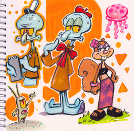 anthro bottomwear clothing crop_top female flip_flops flower_accessory footwear group male midriff sandals shirt shoes skirt topwear trio juneduck21 nickelodeon spongebob_squarepants sandy_cheeks sheldon_j._plankton squidward_tentacles aquatic cephalopod coleoid mammal mollusk octopodiform octopus plankton_(species) rodent sciurid tree_squirrel hi_res