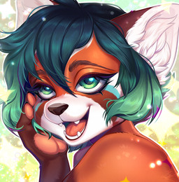 anthro bangs eyebrows eyelashes fangs female fingers fur green_eyes green_hair hair open_mouth open_smile short_hair smile solo teeth tongue youth_road ailurid mammal red_panda 2024 digital_media_(artwork) hi_res icon