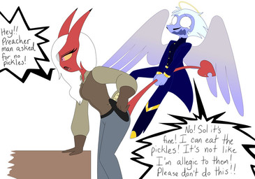 back_wings blue_body blue_skin boots clothed clothing dialogue duo facial_hair feathered_wings feathers female footwear hair halo hand_on_hip holster holstered_pistol horn jacket larger_female long_tail male male/female mustache pink_eyes red_body red_skin shoes size_difference smaller_male spade_tail tail tail_grab tail_pull text topwear watery_eyes white_hair wide_eyed wings yellow_sclera cowboyncanary asked_for_no_pickles hellaverse helluva_boss fan_character striker_(helluva_boss) angel angel_humanoid demon demon_humanoid humanoid succubus colored english_text flat_colors meme