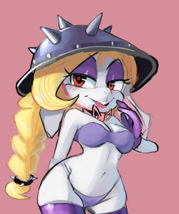 anthro armor bedroom_eyes big_eyes blonde_hair blush bra braided_hair braided_ponytail breasts buckteeth clothed clothing eyeshadow female front_view gloves hair handwear headgear helmet leaning leaning_forward legwear looking_at_viewer makeup mascara narrowed_eyes navel open_mouth open_smile panties pink_background ponytail purple_clothing purple_eyeshadow purple_gloves purple_handwear purple_legwear purple_thigh_highs purple_thong purple_underwear red_eyes seductive simple_background skimpy smile solo spiked_armor spiked_helmet spikes squish teeth thick_thighs thigh_highs thigh_squish thong three-quarter_view underwear wide_hips justdavefnd mario_bros nintendo super_mario_odyssey broodal hariet_(mario) lagomorph leporid mammal rabbit 5:6 hi_res
