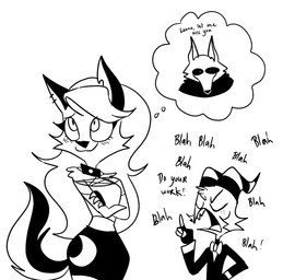 anthro blush blush_lines collar crossed_arms duo eyelashes female freckled_face freckles hair horn long_eyelashes long_hair male smile spiked_collar spikes text thought_bubble tuft emositecc dreamworks hellaverse helluva_boss mythology puss_in_boots_(franchise) death_(puss_in_boots) loona_(helluva_boss) moxxie_(helluva_boss) canid canid_demon canine canis demon demon_humanoid hellhound humanoid imp mammal mythological_canine mythological_creature wolf english_text hi_res monochrome