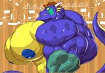 abstract_background anthro big_muscles big_pecs big_penis blue_nipples blue_penis brown_hair countershading genitals grin hair horn huge_muscles huge_pecs huge_penis hyper hyper_genitalia hyper_muscles hyper_pecs hyper_penis looking_at_viewer male muscular muscular_anthro muscular_male nipples nude pecs penis side_view smile solo tail yellow_body yellow_countershading panscolipede european_mythology mythology draderico dragon mythological_creature mythological_scalie scalie western_dragon 2021 hi_res