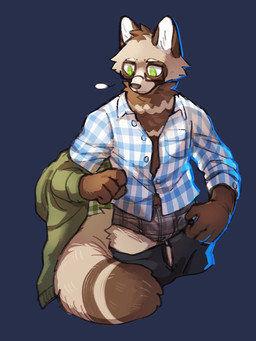 anthro black_ears black_nose blue_background blue_clothing blue_topwear brown_body brown_fur cheek_tuft clothed clothing eyewear facial_tuft front_view fur glasses green_clothing green_eyes green_jacket green_topwear grey_body grey_clothing grey_fur grey_underwear head_tuft jacket male mouth_closed rectangular_glasses simple_background solo topwear tuft underwear unsigned white_clothing white_inner_ear white_topwear asnnonaka sugimoto_tasuku canid canine mammal raccoon_dog tanuki hi_res