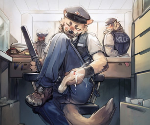 anthro balls being_watched black_markings blush bodily_fluids brown_body brown_fur bulletproof_vest chair clothed clothing cum detailed_background erection exhibitionism feet foreskin fully_clothed fur furgonomics furniture genital_fluids genitals glans group holding_object holding_weapon humanoid_genitalia humanoid_penis inside kemono looking_at_another male male/male markings masturbation office penile penile_masturbation penis penis_poking_out penis_through_fly police police_uniform public public_masturbation ranged_weapon sitting solo_focus text text_on_clothing text_on_topwear text_on_vest toes tongue tongue_out topwear uniform unprofessional_behavior vest weapon wince dr.kiyo bovid bovine cattle felid hyena mammal pantherine tiger 2021 digital_media_(artwork) digital_painting_(artwork) english_text painting_(artwork)