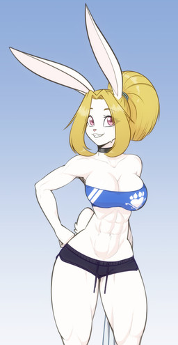 abs anthro big_breasts blonde_hair bottomwear breasts brown_eyes choker clothing collarbone eyebrow_through_hair eyebrows eyelashes female hair hand_on_hip jewelry midriff muscular necklace ponytail shorts smile solo topwear translucent translucent_hair tube_top white_body scorpdk lagomorph leporid mammal rabbit 2026 absurd_res hi_res
