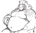 anthro belly kemono male moobs musclegut muscular navel overweight overweight_male scar simple_background solo tattoo white_background exe_exem lifewonders tokyo_afterschool_summoners gyobu_(tas) canid canine mammal raccoon_dog tanuki 2021 digital_drawing_(artwork) digital_media_(artwork) sketch