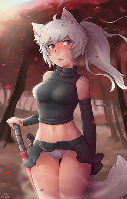 armwear blush bodily_fluids bottomwear breasts camel_toe clothed clothing ear_tuft female forest fur hair holding_melee_weapon holding_object holding_sword holding_weapon long_hair melee_weapon midriff navel open_mouth outside panties panty_shot plant red_eyes simple_background skirt solo standing sweat sweatdrop sword tongue tree tuft underwear upskirt weapon white_body white_fur white_hair wind yellowroom trish_cherryblossom animal_humanoid canid canid_humanoid canine canine_humanoid canis humanoid mammal mammal_humanoid wolf wolf_humanoid 2016 hi_res
