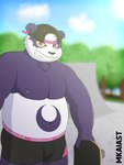 anthro black_clothing blurred_background boxers_(clothing) clothing fur hat headgear headwear male nipples pink_clothing purple_body purple_fur skate_park skateboard slightly_chubby solo underwear vehicle white_body white_clothing white_fur yellow_sclera mkaiast lifewonders tokyo_afterschool_summoners alp_(tas) bear giant_panda mammal absurd_res hi_res