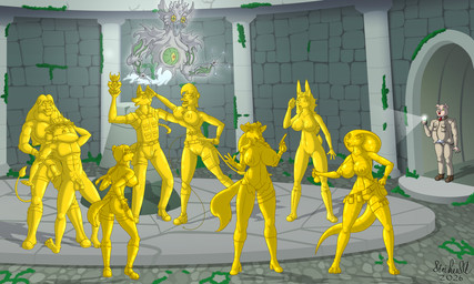 anthro balls boots breasts clothed clothed_anthro clothed_male clothing female footwear fur genitals gold_(metal) gold_petrification group hair idol_(object) inanimate_transformation knife male nipples nude nude_anthro nude_female nude_male penis petrification pink_body pink_skin shoes transformation vulva strikersa clementine_croft drake_lynx faru_nguvu gizeh hoggish_mcgheed lillian_summertree shani_uzuri simon_smith tizi_shahwa canid canine canis cobra collie domestic_dog domestic_pig eldritch_abomination felid feline fox ghost herding_dog hyena lagomorph leporid lion lynx mammal pantherine pastoral_dog rabbit red_fox reptile scalie sheepdog snake spirit suid suine sus_(pig) true_fox 2026 5:3 hi_res signature story story_in_description