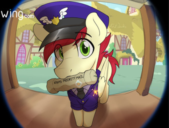 clothing delivery_(commerce) delivery_employee doorbell_camera eyebrow_through_hair eyebrows feral green_eyes hair hat headgear headwear looking_at_viewer male necktie pipe_bomb postal_carrier postal_delivery red_hair red_tail solo tail translucent translucent_hair wings czu friendship_is_magic hasbro my_little_pony mythology care_package_(mlp) equid equine mammal mythological_creature mythological_equine pegasus absurd_res hi_res