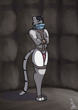 anthro balls bdsm binder_(restraint) biped black_hair bondage bondage_gear bound cloth_gag eyebrows flaccid fur gag genitals glans hair humanoid_genitalia humanoid_penis legbinder male penis restraints short_hair solo straitjacket struggling white_body white_fur raevild vaurien bengal_tiger felid mammal pantherine tiger 2026 2d_animation animated hi_res