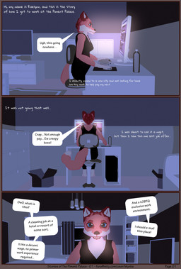 anthro blue_eyes clothed clothing computer dark desk dialogue electronics female furniture hair living_room looking_at_viewer night screen sitting solo table text topwear mynka raelynn_(mynka) canid canine fox mammal 3d_(artwork) comic digital_media_(artwork) english_text hi_res