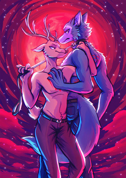anthro antlers belt blood bodily_fluids bottomwear claws clothed clothing collar denim denim_bottomwear denim_clothing duo fur grey_body grey_fur horn jeans leash male male/male pants scratch_mark smug tail topless tonfoxsu beastars legoshi_(beastars) louis_(beastars) canid canine canis cervine deer mammal red_deer wolf chromatic_aberration digital_media_(artwork) hi_res