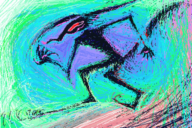 ambiguous_gender anthro black_body black_fur fur long_ears long_feet smile solo surrealism demensa canid canine canis domestic_dog mammal 2019 3:2 colorful_theme digital_media_(artwork) pixel_(artwork)