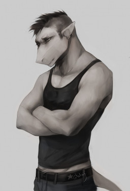 anthro beard black_bottomwear black_clothing black_hair black_pants black_shirt black_tank_top black_topwear bottomwear clothing crossed_arms facial_hair grey_background grey_body hair male pants realistic shirt simple_background smile solo tail tank_top three-quarter_view topwear akrolayn jack_(akrolayn) ambiguous_species 2015 detailed digital_media_(artwork) digital_painting_(artwork) hi_res painting_(artwork) unavailable_at_source