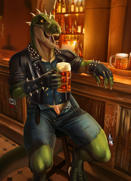alcohol alternative_fashion anthro bar beer beverage bottomwear bulge claws clothing counter denim denim_bottomwear denim_clothing denim_shorts genitals gloves green_body handwear jacket jeans_pull leather leather_clothing leather_jacket leather_topwear male muscular muscular_male open_mouth penis penis_base punk scar sharp_teeth shirt shorts solo spikes teeth topwear torn_clothing torn_shirt torn_topwear unzipped unzipped_pants zipper catpumpkin rocco_(tallion) dinosaur prehistoric_species reptile saurischian scalie theropod tyrannosaurid tyrannosauroid tyrannosaurus tyrannosaurus_rex absurd_res hi_res