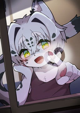 5_fingers anthro black_body black_clothing black_ear_tips black_ears black_fur black_hair black_nose black_shirt black_spots black_tail black_tail_tip black_tank_top black_topwear blush blush_lines claws clothed clothing cute_fangs detailed_background dipstick_ears dipstick_tail ear_markings fangs finger_claws fingerpads fingers front_view fur green_eyes grey_body grey_ears grey_fur grey_tail hair heart_symbol humanoid_hands inner_ear_fluff inside kemono leopard_spots looking_at_viewer male male_anthro markings multicolored_body multicolored_ears multicolored_fur open_mouth open_smile pawpads pink_pawpads pupils shirt smile solo spots steam_writing tail tail_markings tank_top teeth topwear tuft two_tone_ears two_tone_tail white_body white_fur white_hair white_inner_ear_fluff window yellow_eyes young young_anthro young_male fermata_suzuka felid mammal pantherine snow_leopard 2025 absurd_res colored digital_media_(artwork) hi_res shaded