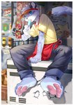 4_toes 5_fingers anthro apron barefoot black_ears blue_eyes blue_popsicle bottomwear claws clothed clothed_anthro clothed_male clothing collar collared_shirt cooler countershading dipstick_tail feet felid finger_claws fingerpads fingers food foot_focus full-length_portrait fully_clothed fully_clothed_anthro fully_clothed_male fur grey_body grey_bottomwear grey_clothing grey_fur grey_nose grey_pants hat headgear headwear hi_res holding_food holding_object holding_popsicle kemono leaning leaning_forward looking_at_viewer male male_anthro mammal markings multicolored_body multicolored_fur pantherine pants pawpads paws pink_pawpads pink_tongue plantigrade plantigrade_pawpads popsicle popsicle_in_mouth portrait purple_claws purple_spots red_apron red_clothing red_collar rolled_up_pants shirt small_ears snow_leopard solo spots spotted_body spotted_fur sssshark_(artist) suggestive_eating tail tail_markings toe_claws toes tongue tongue_out topwear visor_cap white_body white_countershading white_fur white_inner_ear yellow_clothing yellow_shirt yellow_topwear young