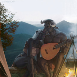 5_fingers anthro anthro_on_anthro black_body black_fur breasts campfire camping clothed clothing duo female fingers fire fur hair horn humanoid_hands interspecies intimate love male male/female musical_instrument nature one_eye_closed outside plucked_string_instrument romantic romantic_ambiance romantic_couple sitting smile string_instrument tent topless topless_anthro topless_male white_hair nikkimory bovid bovine cattle felid mammal pantherine 1:1 2024 hi_res