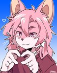 anthro bared_fangs biped countershade_fur countershading female fur heart_fingers looking_at_viewer pink_body pink_eyes pink_fur solo white_body white_countershading kiniuu canid canine fox mammal hi_res