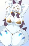 anthro big_breasts bikini blush breasts clothed clothing curvy_figure female female_anthro fur hair hands_behind_head huge_breasts kemono looking_at_viewer micro_bikini pupils simple_background slit_pupils smile solo swimwear thick_thighs two-piece_swimsuit voluptuous white_body white_fur yellow_eyes skulkers cyberconnect2 drecom full_bokko_heroes daji_(full_bokko_heroes) canid canine fox mammal absurd_res digital_media_(artwork) hi_res shaded