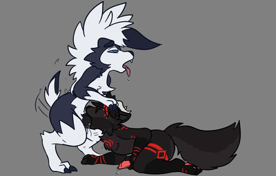 animal_genitalia animal_penis anthro canine_genitalia canine_penis duo ejaculation feral genitals hands-free male male/male masturbation oral oral_orgasm orgasm penis ajolteontrash nintendo pokemon fan_character lyx_(tuftydoggo) generation_7_pokemon lycanroc midnight_lycanroc pokemon_(species)