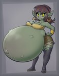 belly big_belly breasts clothing ear_piercing female footwear green_body huge_belly hyper hyper_belly hyper_pregnancy navel not_furry outie_navel piercing pregnant pregnant_female sandals shoes simple_background solo yellow_eyes funble goblin 2022 absurd_res hi_res