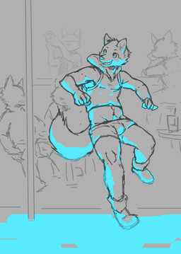 anthro bottomwear bulge clothing dancing footwear group looking_back male open_mouth pole public shirt shoes shorts tank_top topwear totentribe canid canine canis domestic_dog mammal absurd_res hi_res